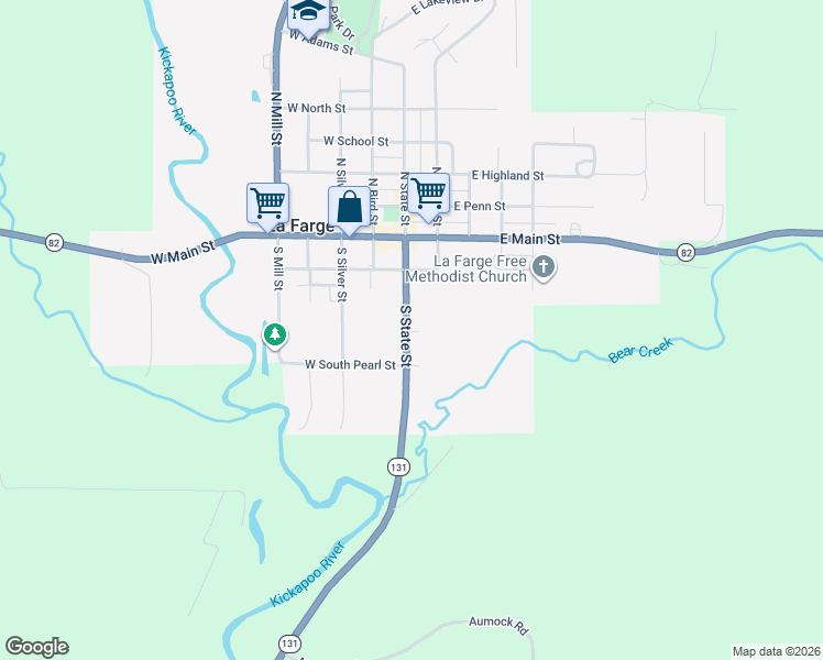 map of restaurants, bars, coffee shops, grocery stores, and more near 308 South State Street in La Farge