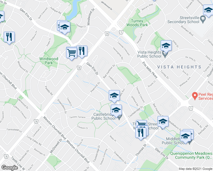 map of restaurants, bars, coffee shops, grocery stores, and more near 5877 Glen Erin Drive in Mississauga
