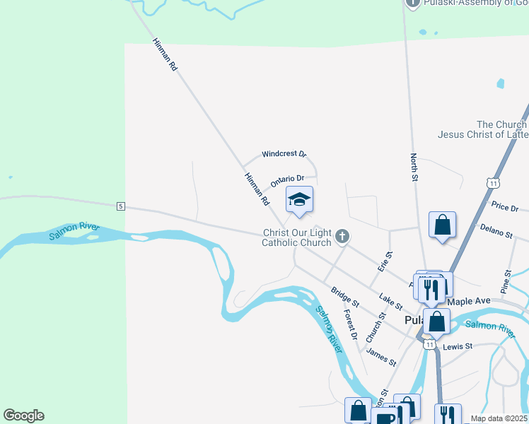 map of restaurants, bars, coffee shops, grocery stores, and more near 19 Hinman Rd in Pulaski