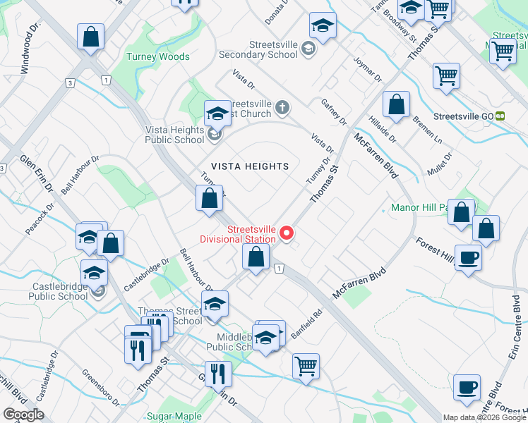 map of restaurants, bars, coffee shops, grocery stores, and more near 19 Maldaver Avenue in Mississauga