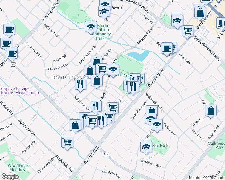 map of restaurants, bars, coffee shops, grocery stores, and more near in Mississauga