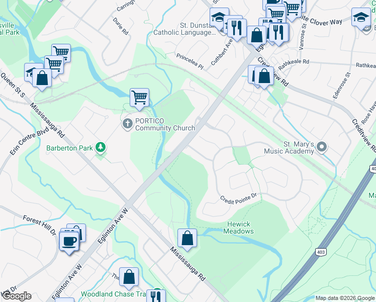 map of restaurants, bars, coffee shops, grocery stores, and more near 4622 Hewicks Lane in Mississauga