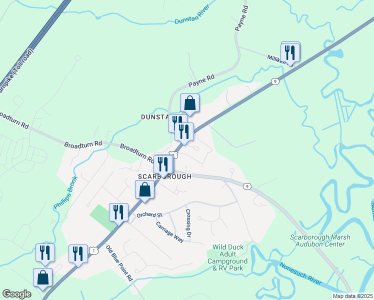 map of restaurants, bars, coffee shops, grocery stores, and more near 594 U.S. 1 in Scarborough