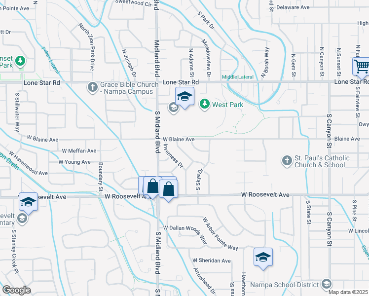 map of restaurants, bars, coffee shops, grocery stores, and more near 906 Bonnie Brae Drive in Nampa
