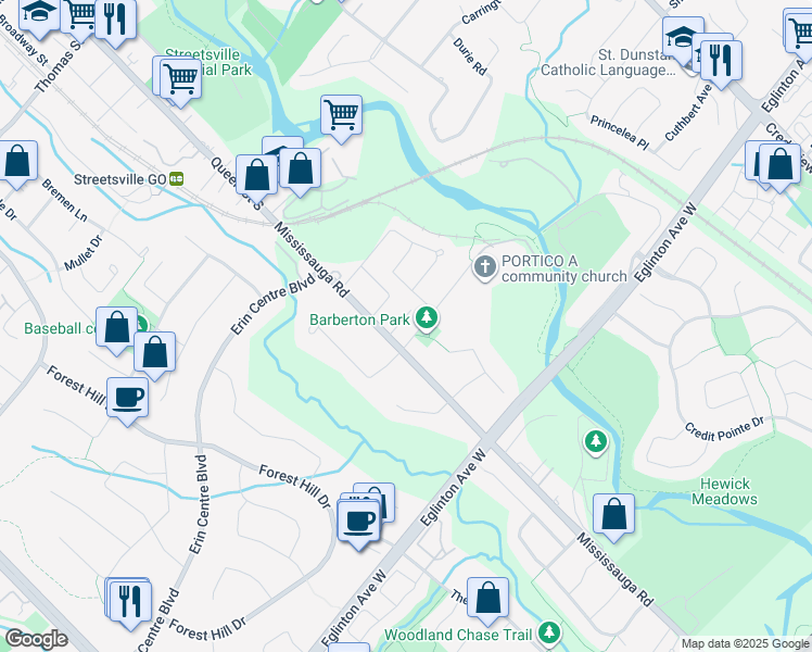 map of restaurants, bars, coffee shops, grocery stores, and more near 1949 Barbertown Road in Mississauga