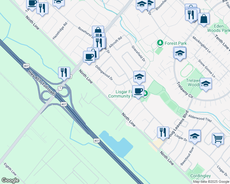map of restaurants, bars, coffee shops, grocery stores, and more near 3670 Banff Court in Mississauga
