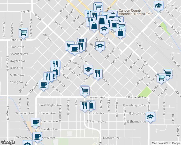 map of restaurants, bars, coffee shops, grocery stores, and more near 715 15th Avenue South in Nampa