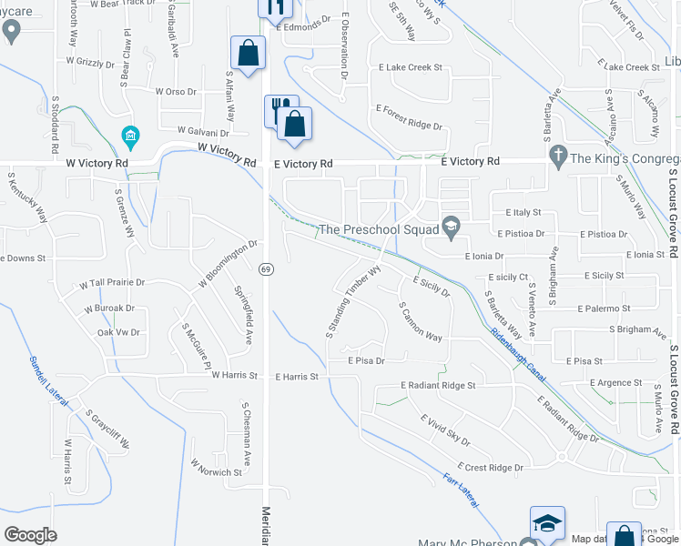 map of restaurants, bars, coffee shops, grocery stores, and more near 3643 South Natural Way in Meridian