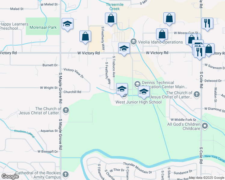 map of restaurants, bars, coffee shops, grocery stores, and more near 8371 West Salt Creek Court in Boise