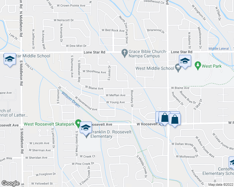 map of restaurants, bars, coffee shops, grocery stores, and more near 1516 West Meffan Avenue in Nampa