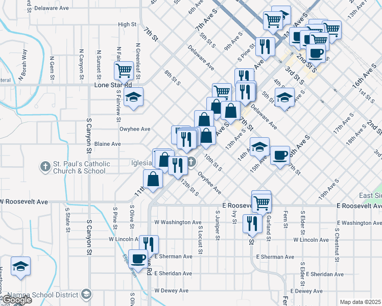 map of restaurants, bars, coffee shops, grocery stores, and more near 1011 12th Avenue South in Nampa