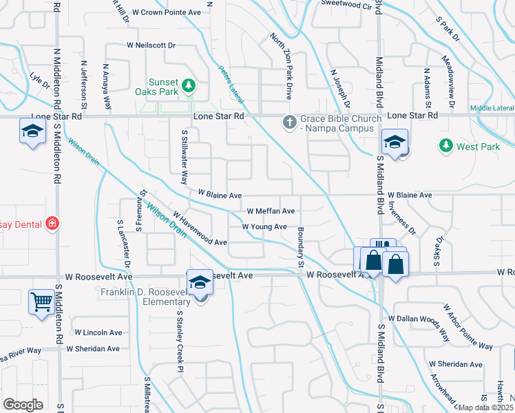 map of restaurants, bars, coffee shops, grocery stores, and more near 1606 West Meffan Avenue in Nampa