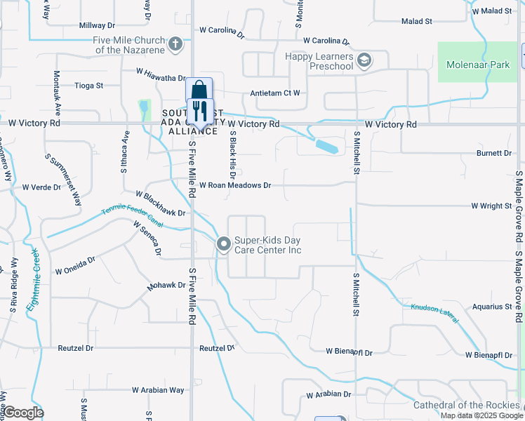 map of restaurants, bars, coffee shops, grocery stores, and more near 10270 Flatland Street in Boise