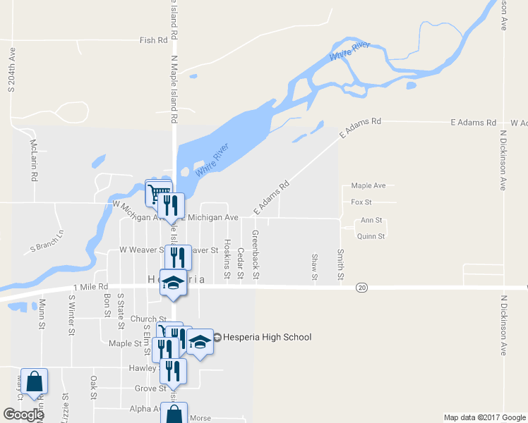 map of restaurants, bars, coffee shops, grocery stores, and more near 313 East Michigan Avenue in Hesperia