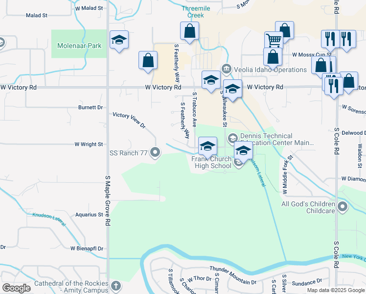 map of restaurants, bars, coffee shops, grocery stores, and more near 8461 West Salt Creek Court in Boise