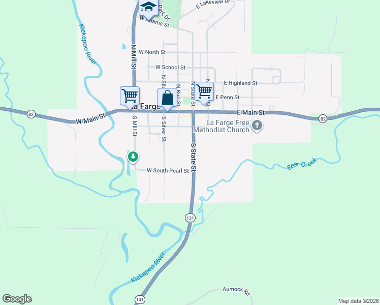 map of restaurants, bars, coffee shops, grocery stores, and more near 308 South State Street in La Farge