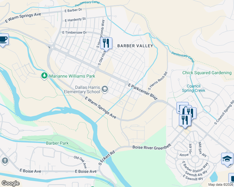 map of restaurants, bars, coffee shops, grocery stores, and more near 3227 South Brookridge Way in Boise