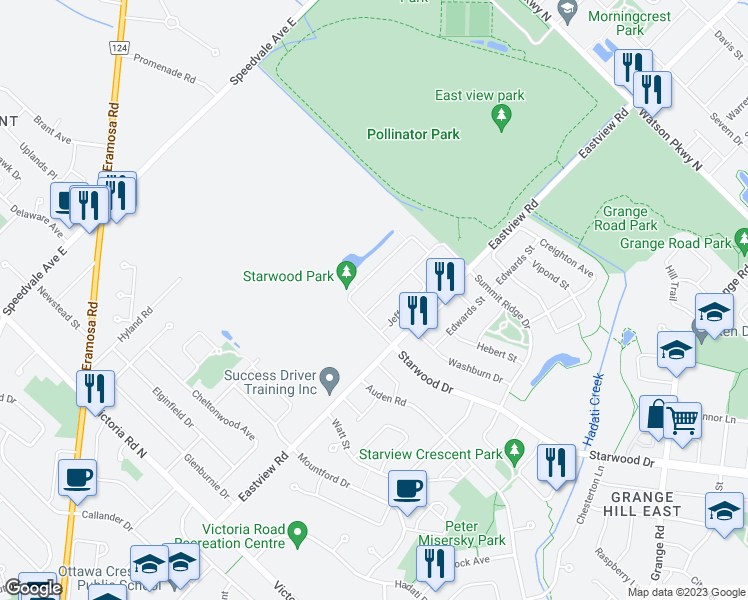 map of restaurants, bars, coffee shops, grocery stores, and more near 207 Summit Ridge Drive in Guelph