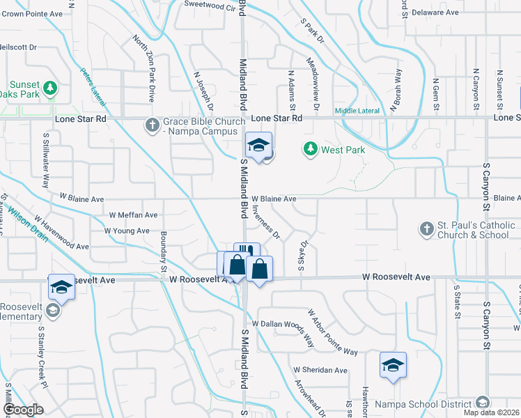 map of restaurants, bars, coffee shops, grocery stores, and more near 56 South Inverness Drive in Nampa