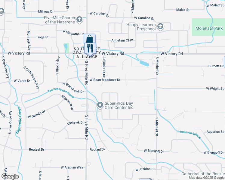map of restaurants, bars, coffee shops, grocery stores, and more near 10270 Flatland Street in Boise