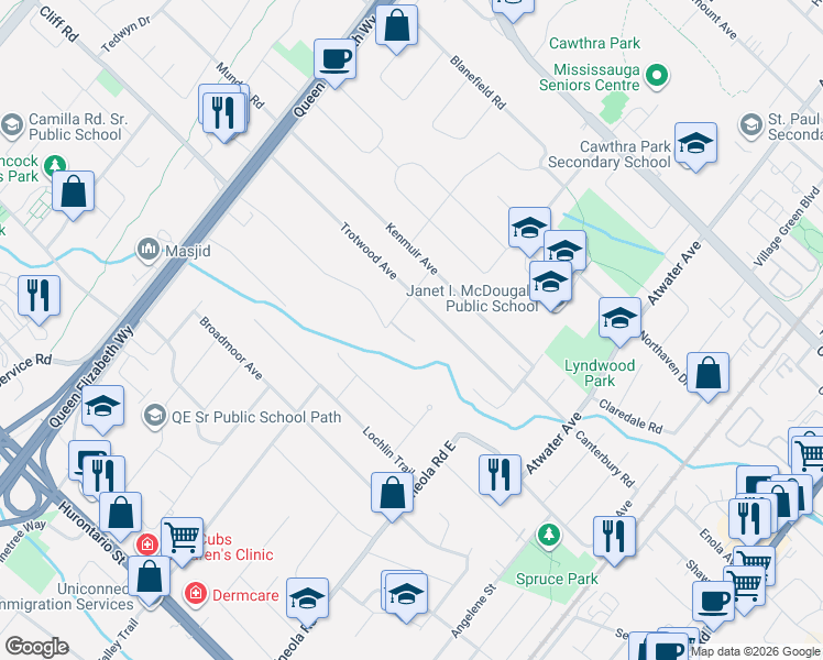 map of restaurants, bars, coffee shops, grocery stores, and more near 1412 Carmen Drive in Mississauga