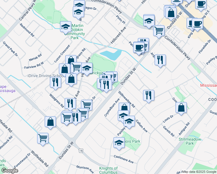 map of restaurants, bars, coffee shops, grocery stores, and more near 3037 Clayhill Road in Mississauga