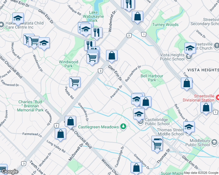 map of restaurants, bars, coffee shops, grocery stores, and more near 5865 Dalebrook Crescent in Mississauga