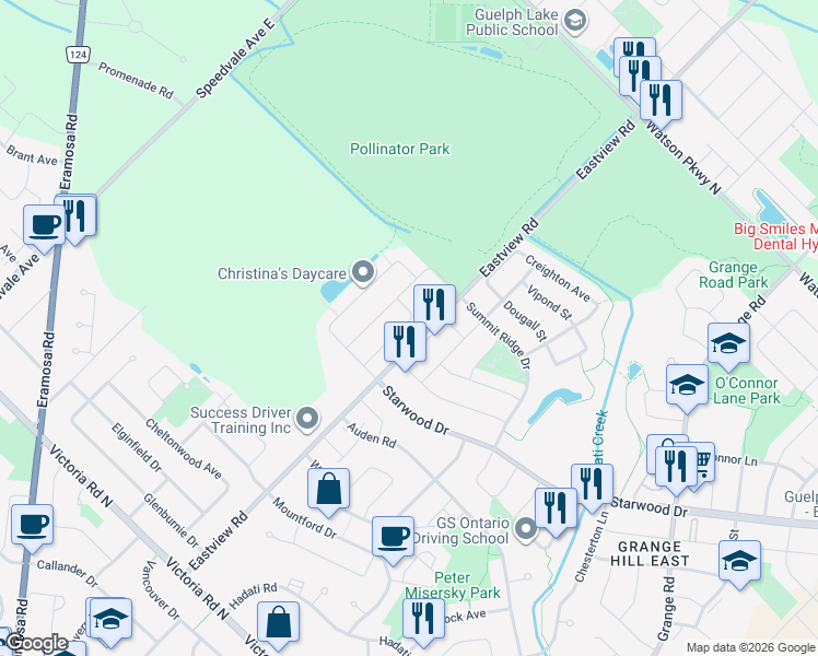 map of restaurants, bars, coffee shops, grocery stores, and more near 54 Jeffrey Drive in Guelph