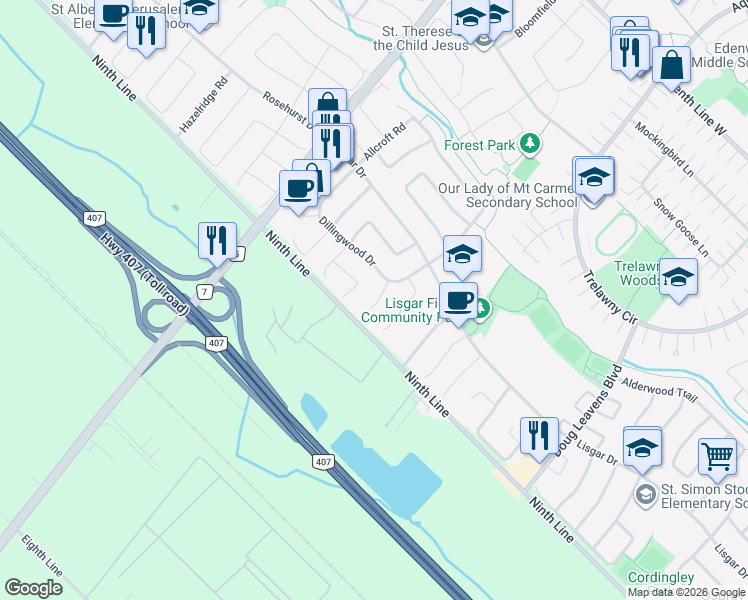 map of restaurants, bars, coffee shops, grocery stores, and more near 3669 Banff Court in Mississauga