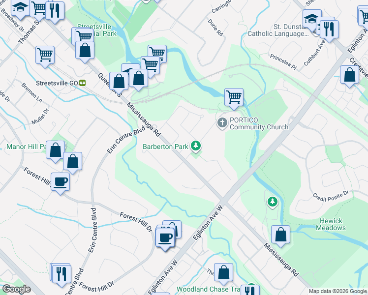 map of restaurants, bars, coffee shops, grocery stores, and more near 1980 Barber House Lane in Mississauga