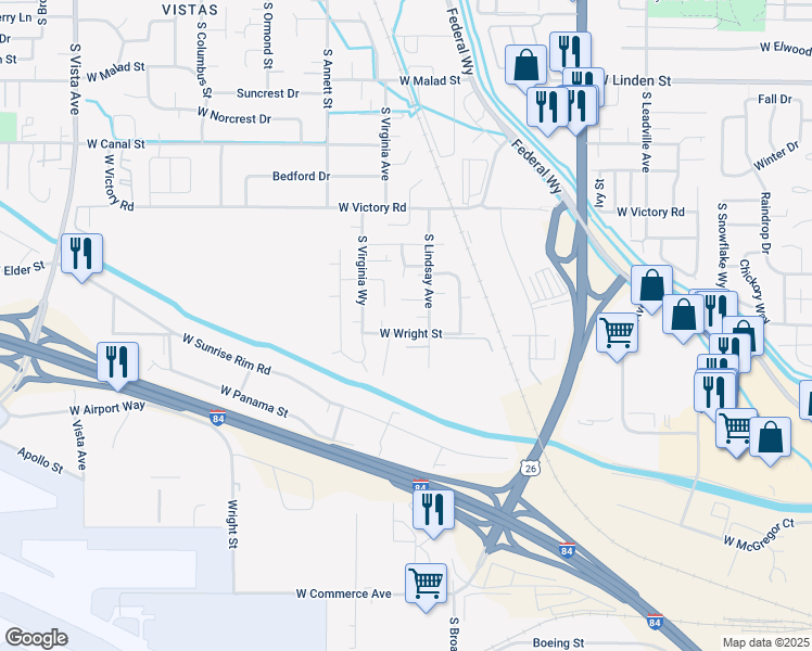 map of restaurants, bars, coffee shops, grocery stores, and more near 1558 West Wright Street in Boise