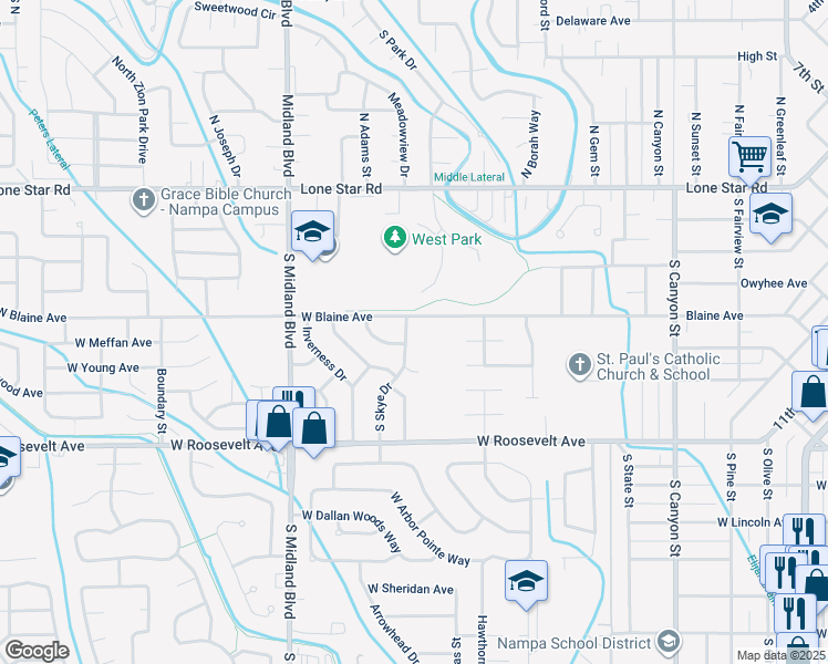 map of restaurants, bars, coffee shops, grocery stores, and more near 805 West Blaine Avenue in Nampa