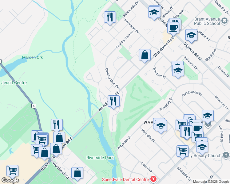 map of restaurants, bars, coffee shops, grocery stores, and more near 120 Country Club Drive in Guelph