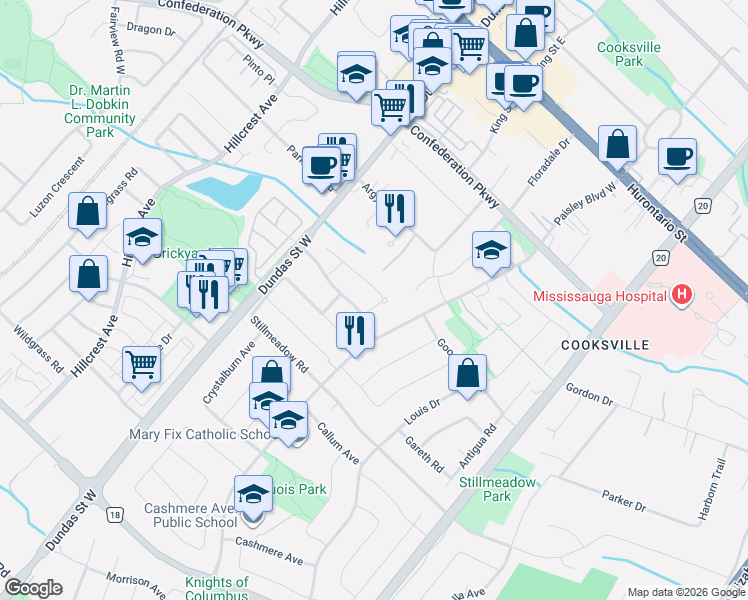 map of restaurants, bars, coffee shops, grocery stores, and more near in Mississauga