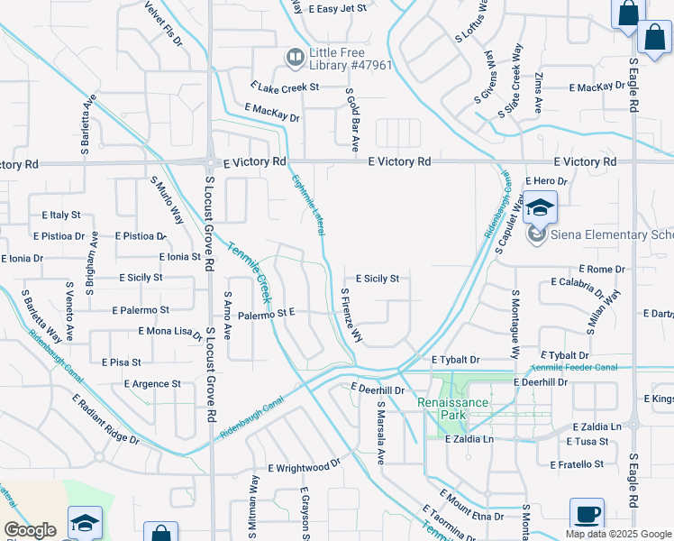 map of restaurants, bars, coffee shops, grocery stores, and more near 3607 South Firenze Way in Meridian