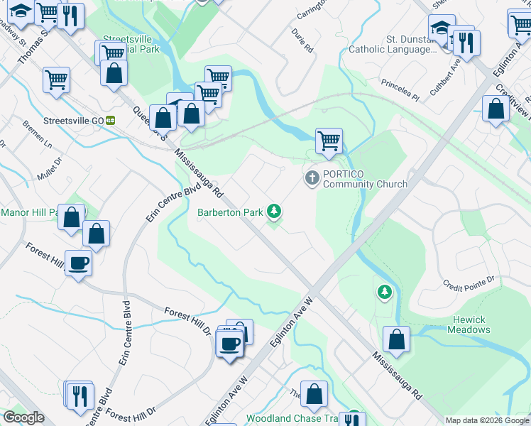 map of restaurants, bars, coffee shops, grocery stores, and more near in Mississauga