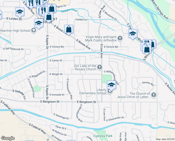 map of restaurants, bars, coffee shops, grocery stores, and more near 3364 South Centennial Place in Boise