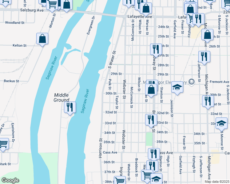 map of restaurants, bars, coffee shops, grocery stores, and more near 309 Polk Street in Bay City