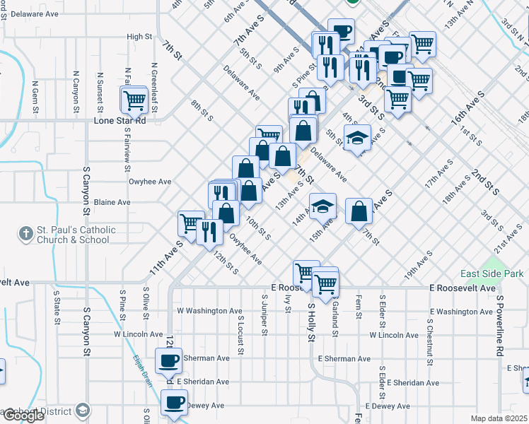 map of restaurants, bars, coffee shops, grocery stores, and more near 824 13th Avenue South in Nampa