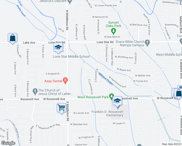 map of restaurants, bars, coffee shops, grocery stores, and more near 54 South Lancaster Drive in Nampa