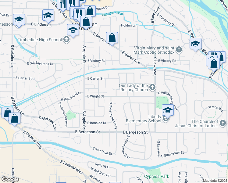 map of restaurants, bars, coffee shops, grocery stores, and more near 3385 South Holden Avenue in Boise
