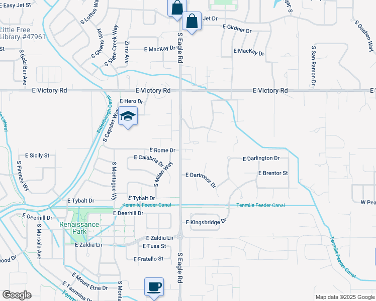 map of restaurants, bars, coffee shops, grocery stores, and more near 3620 South Eagle Road in Meridian