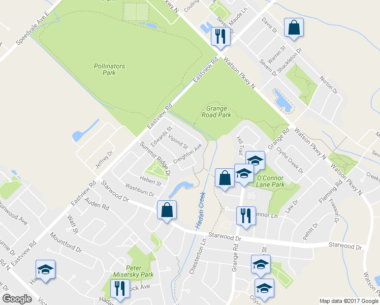 map of restaurants, bars, coffee shops, grocery stores, and more near Creighton Avenue in Guelph