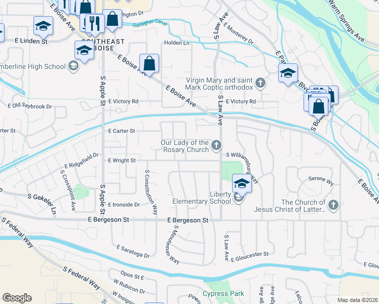 map of restaurants, bars, coffee shops, grocery stores, and more near 3364 South Centennial Place in Boise
