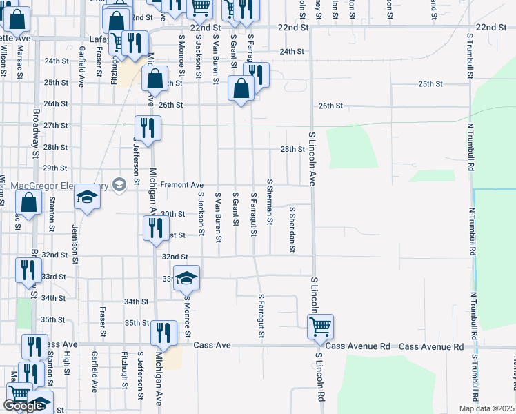 map of restaurants, bars, coffee shops, grocery stores, and more near 1901 South Farragut Street in Bay City
