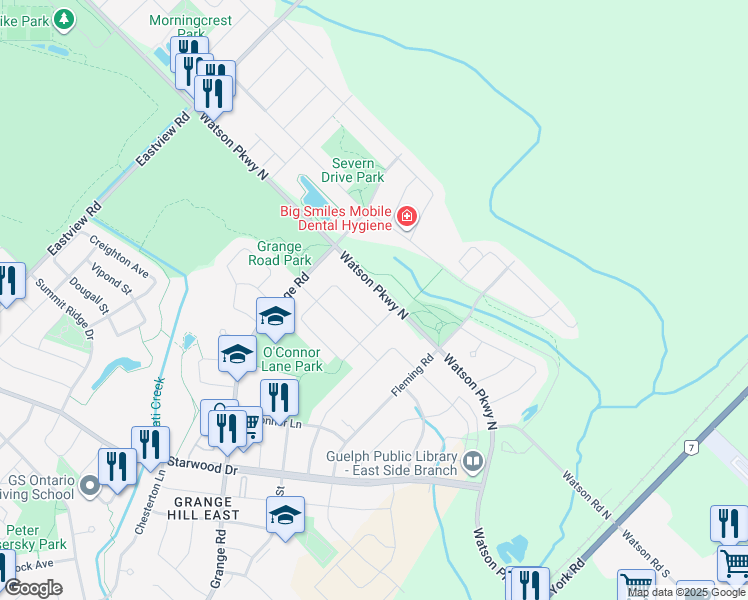 map of restaurants, bars, coffee shops, grocery stores, and more near 148 Swift Crescent in Guelph