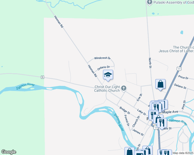 map of restaurants, bars, coffee shops, grocery stores, and more near 19 Hinman Road in Pulaski