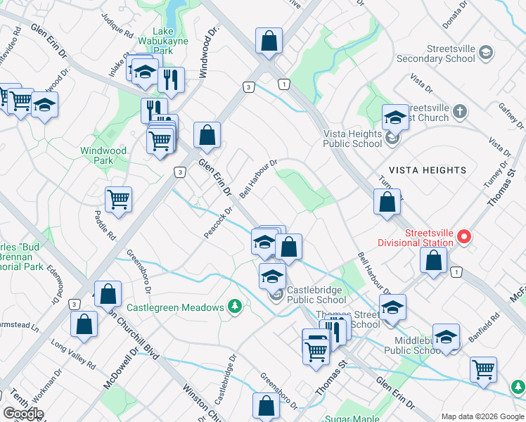 map of restaurants, bars, coffee shops, grocery stores, and more near 5877 Glen Erin Drive in Mississauga