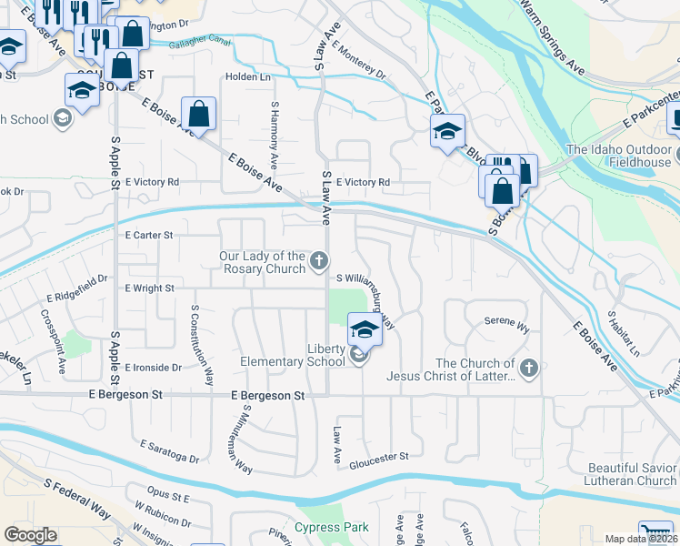 map of restaurants, bars, coffee shops, grocery stores, and more near 3316 South Williamsburg Way in Boise