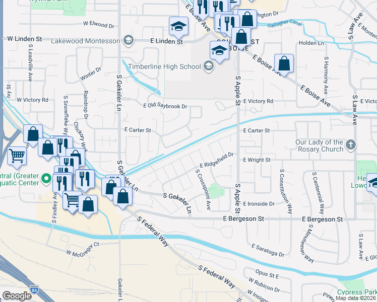 map of restaurants, bars, coffee shops, grocery stores, and more near 3343 South Crosspoint Avenue in Boise